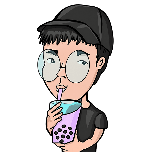 Dico - Missing character with black cap, round glasses, drinking bubble tea
